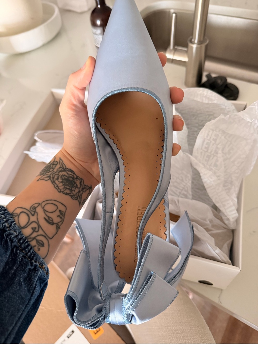 Steve Madden Light Blue Satin Pointed-Toe Slingback Heels with Bow - Picture 8 of 10